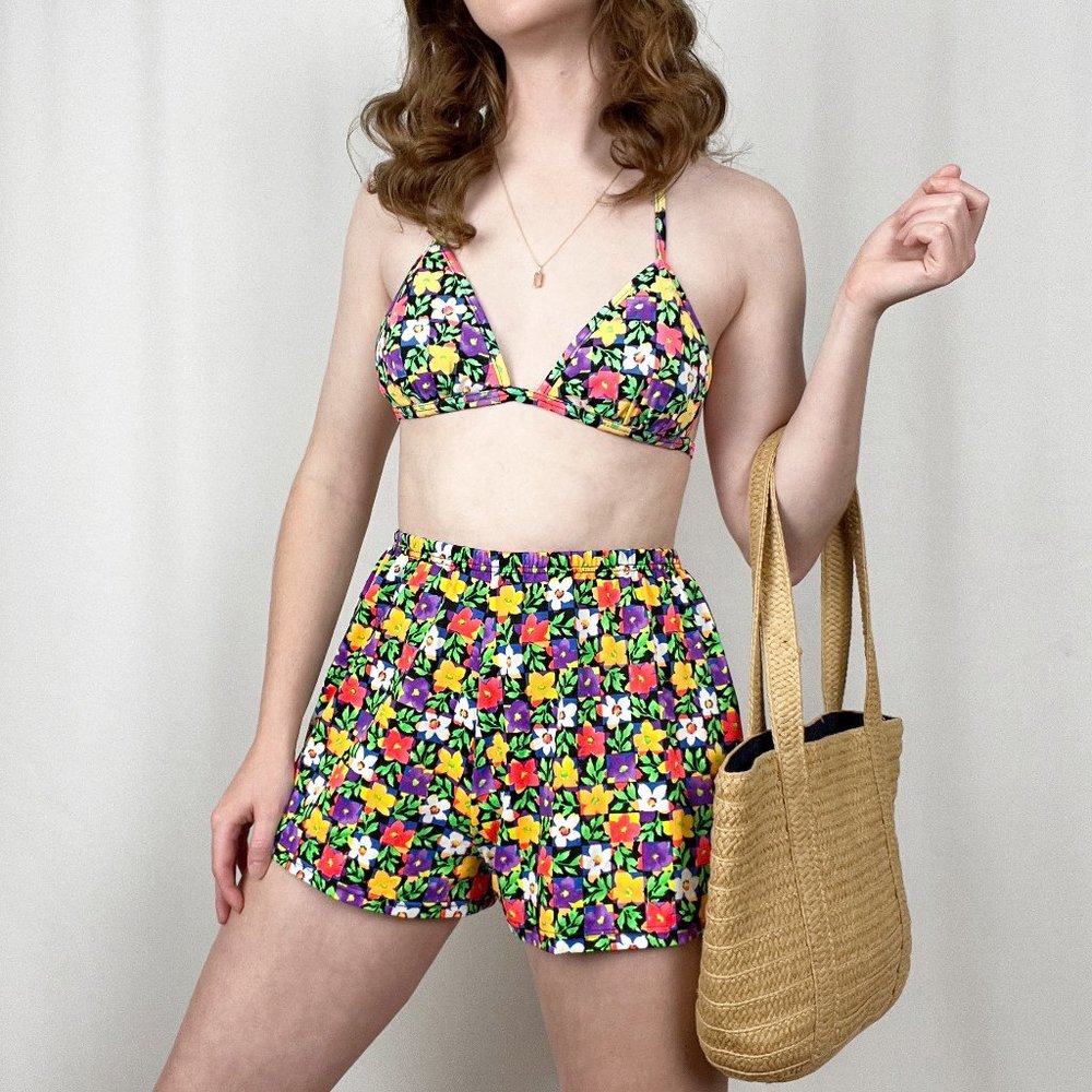 Vintage Floral Power Bikini Two Piece Triangle High Rise Shorts Cute Set 70s 80s - Picture 9 of 9